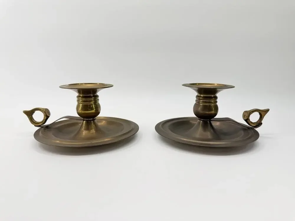 Vintage Brass Candle Holders Set of 2 Chamberstick Handle 2.62 lb Decor